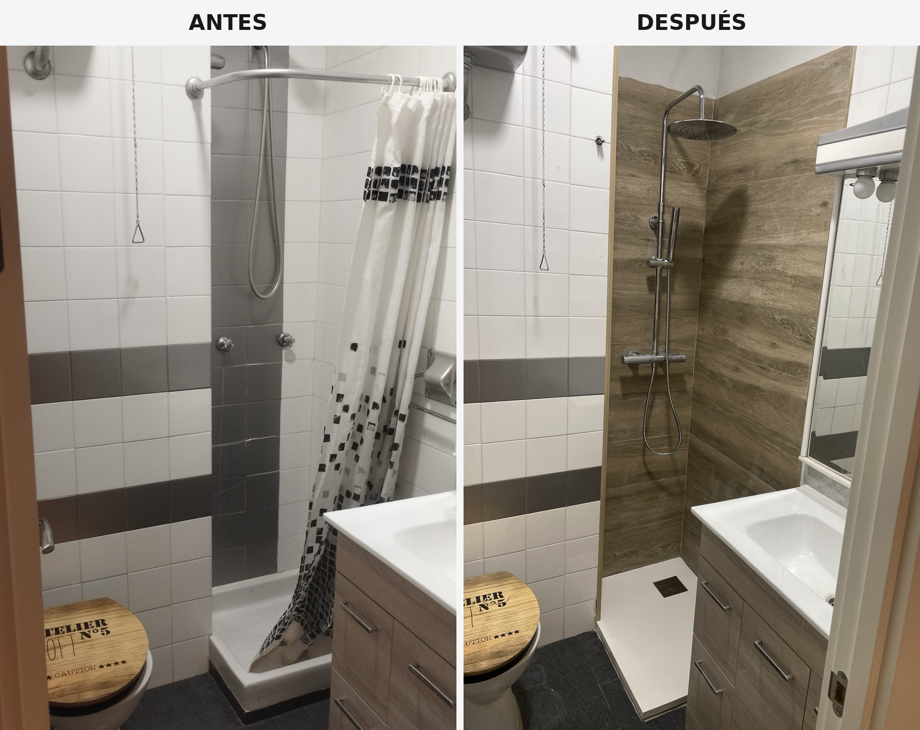Antes y después de reforma de baño realizada por A27 Reformas