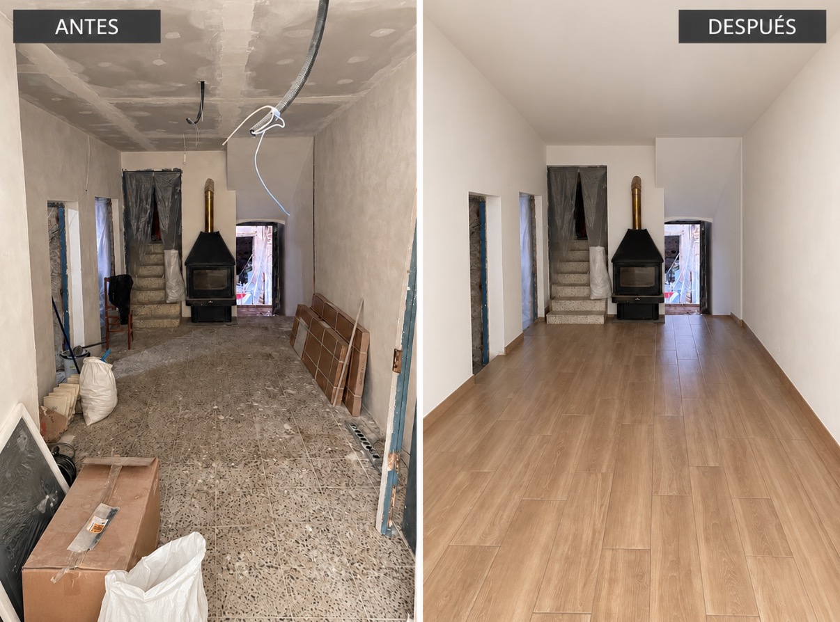 Antes y después de renovación de suelo realizada por A27 Reformas